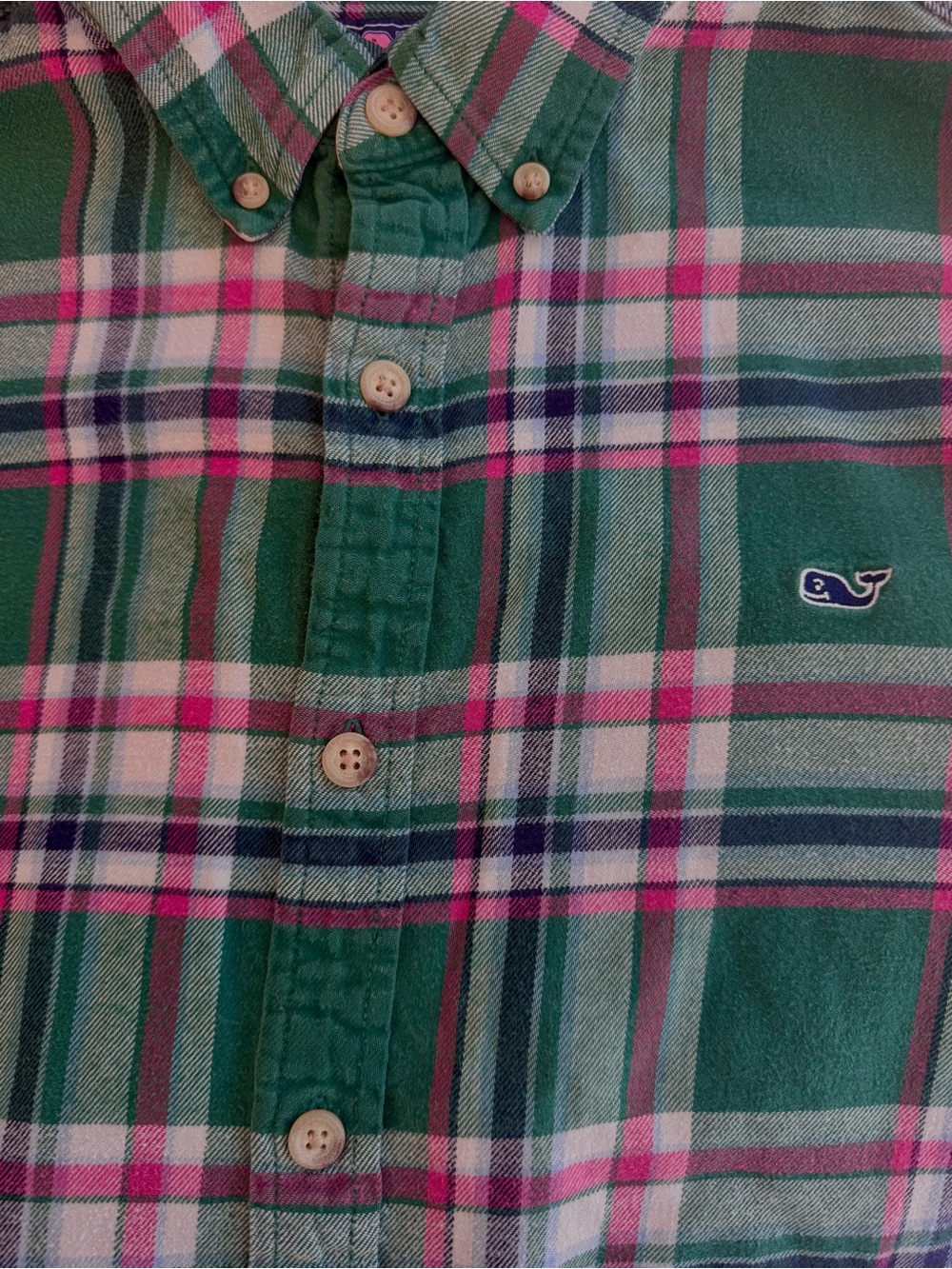Vineyard Vines Green and Pink Plaid Flannel Button-Down Shirt